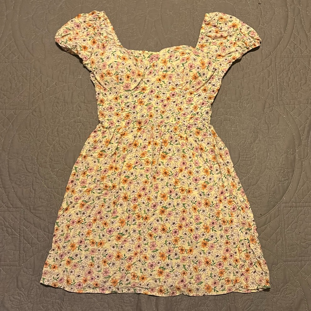AUW Yellow Floral Mini Dress With Built in Padding Size Small